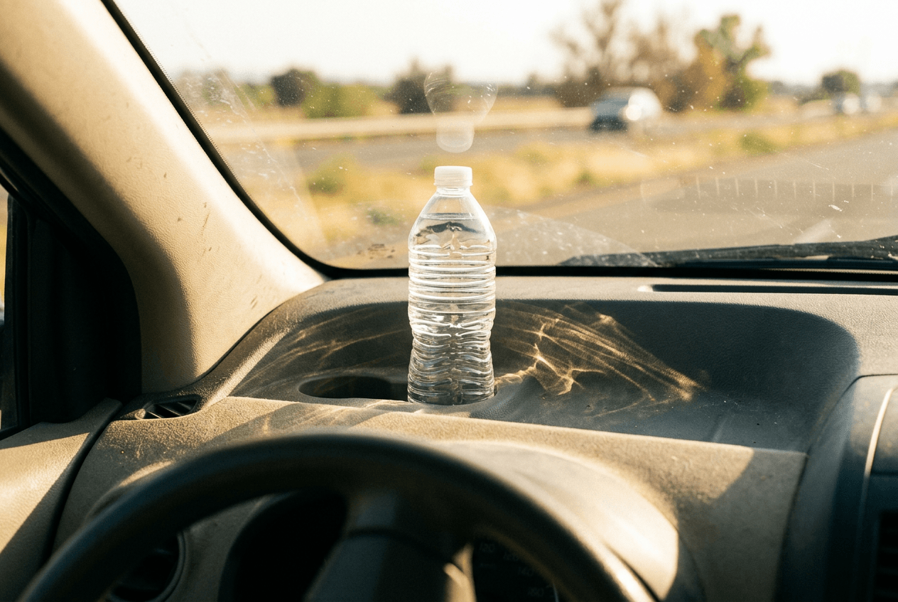 Bottiglia d'acqua di plastica senza etichetta sul cruscotto di un'auto, illuminata dal sole estivo che attraversa il parabrezza