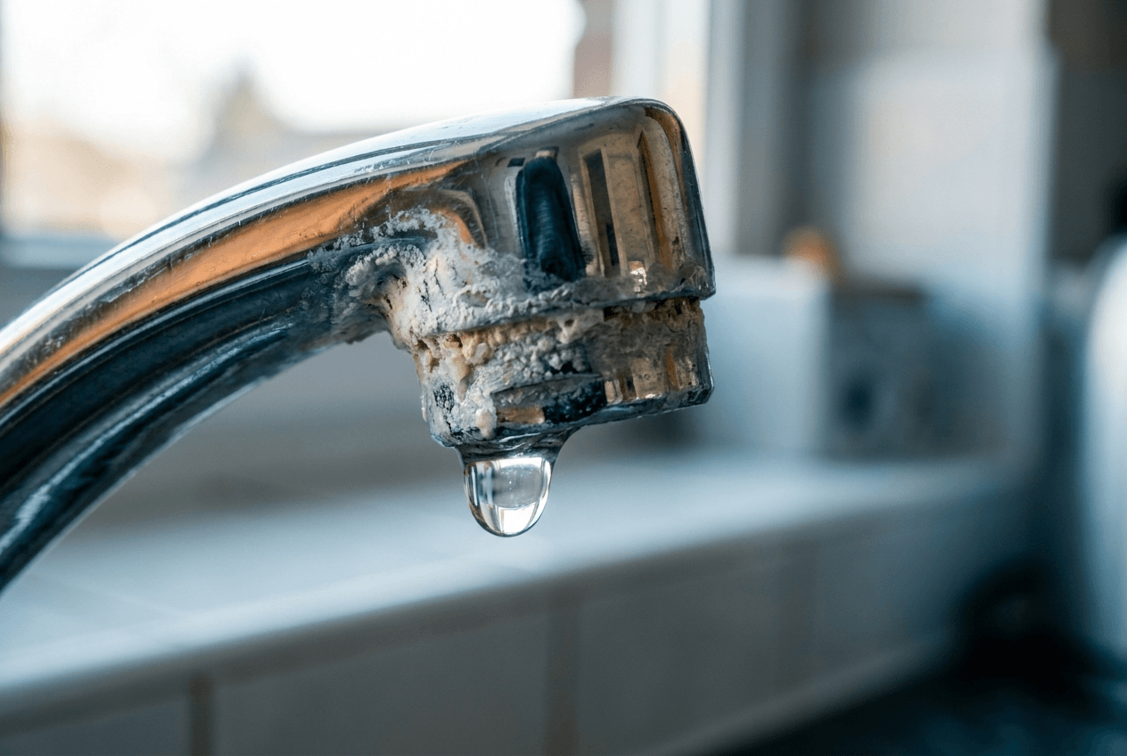 Rubinetto di cucina cromato con una spessa incrostazione di calcare sulla bocca di erogazione e una goccia d'acqua sospesa